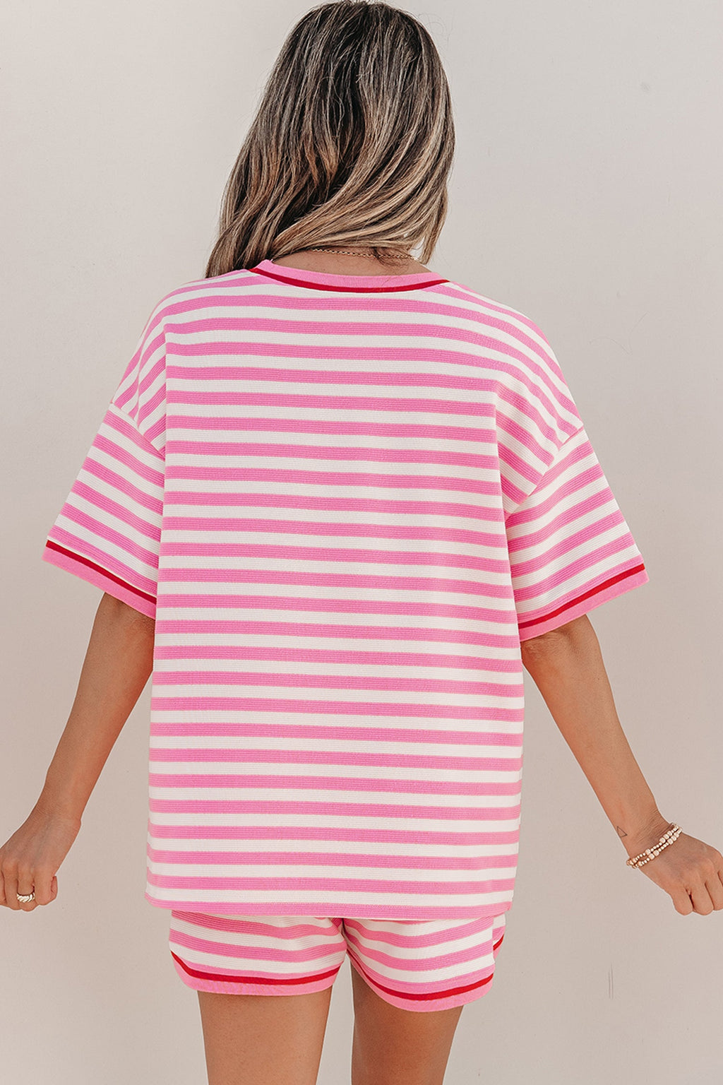 Matilda Trim Short Sleeve Set - Striped Knit Loungewear in Pink
