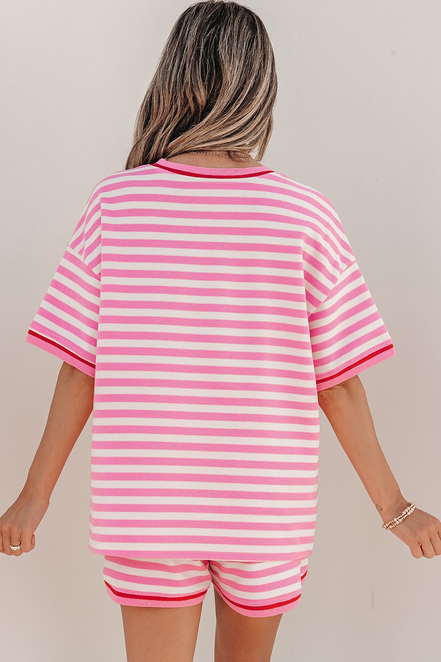 Matilda Trim Short Sleeve Set - Striped Knit Loungewear in Pink