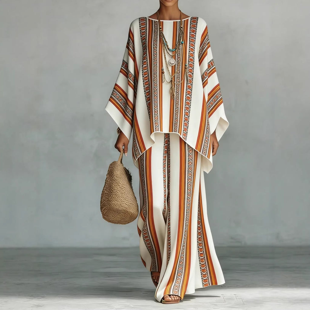 Women's Bohemian Printed Long Sleeve Top and Wide Leg Pant Set