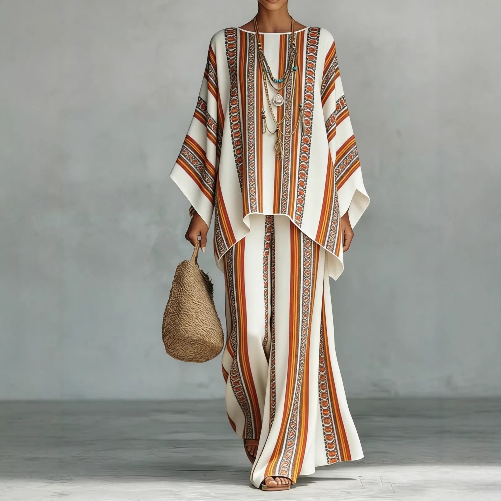 Women's Bohemian Printed Long Sleeve Top and Wide Leg Pant Set