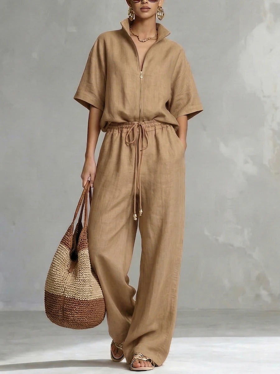 Women's Zip-Front Short Sleeve Top and Wide-Leg Pants Set - Image 9