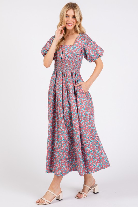 Cotton Smocked Floral Square Neck Midi Dress - Cottagecore Style