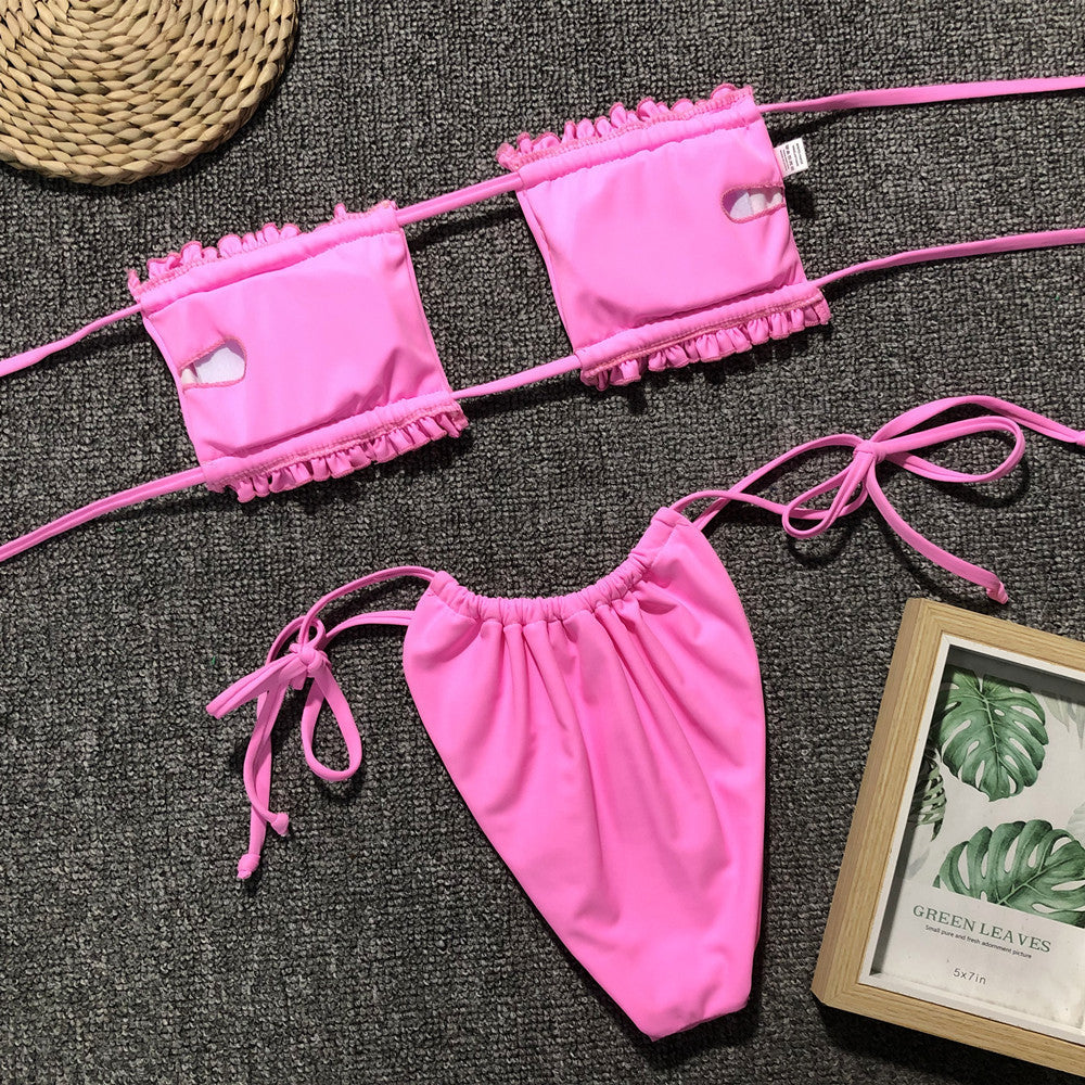 Yellow Ruched Bikini Set with Flirty Frill Trim and Tie Sides - Image 21