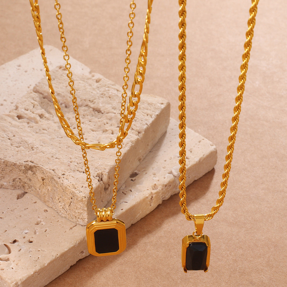 Vintage Stackable Double Layer Oval Black Onyx Pendant Necklace, 18K Gold Plated Square Black Zircon Clavicle Chain