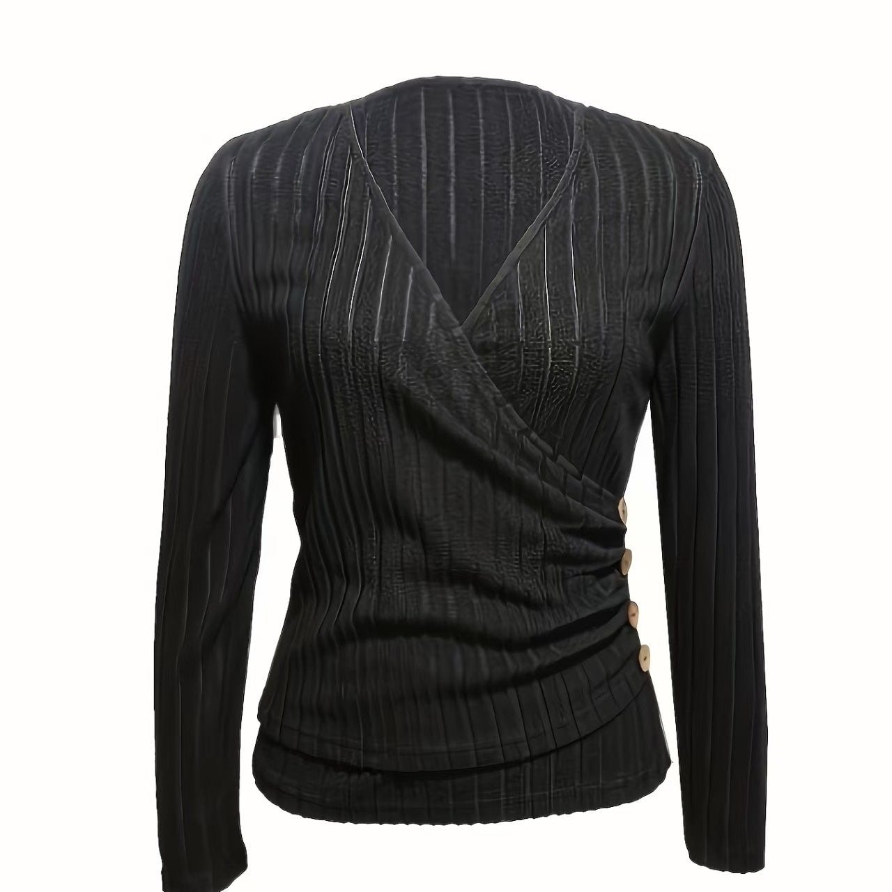 Women’s Pleated V-Neck Long Sleeve Top in Black - Image 3