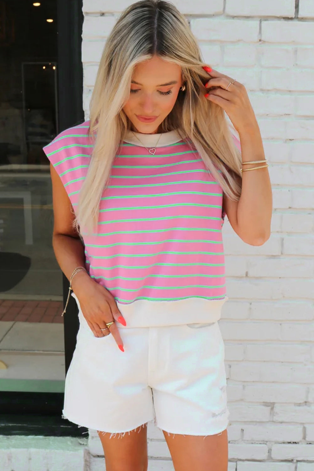Sachet Pink Striped Crew Neck Cap Sleeve T-Shirt