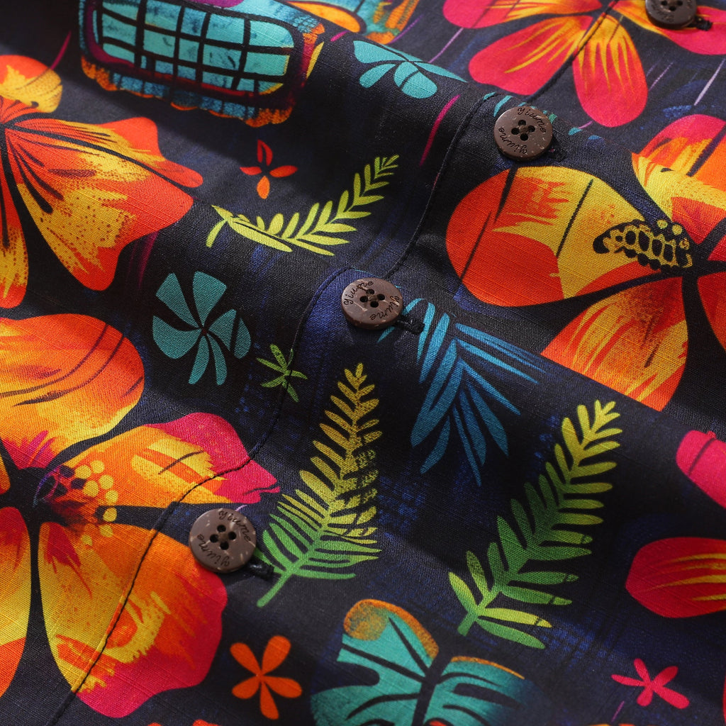 Tiki Tribal Revelry Print Short Sleeve 100% Cotton Aloha Shirt
