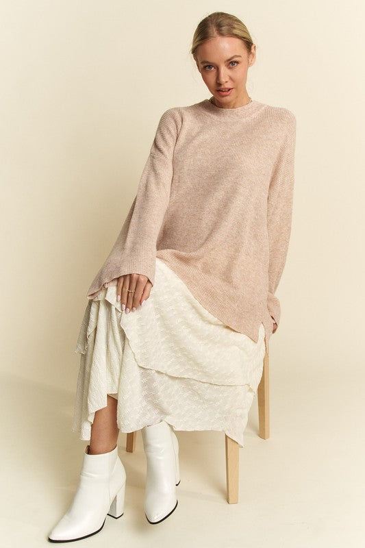 Back To School Sweater - Davi & Dani High-Low Round Neck Drop Shoulder Sweater