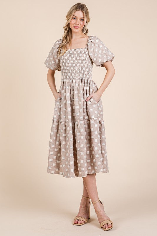 Floral Embroidered Smocked Puff Sleeve Tiered Midi Dress