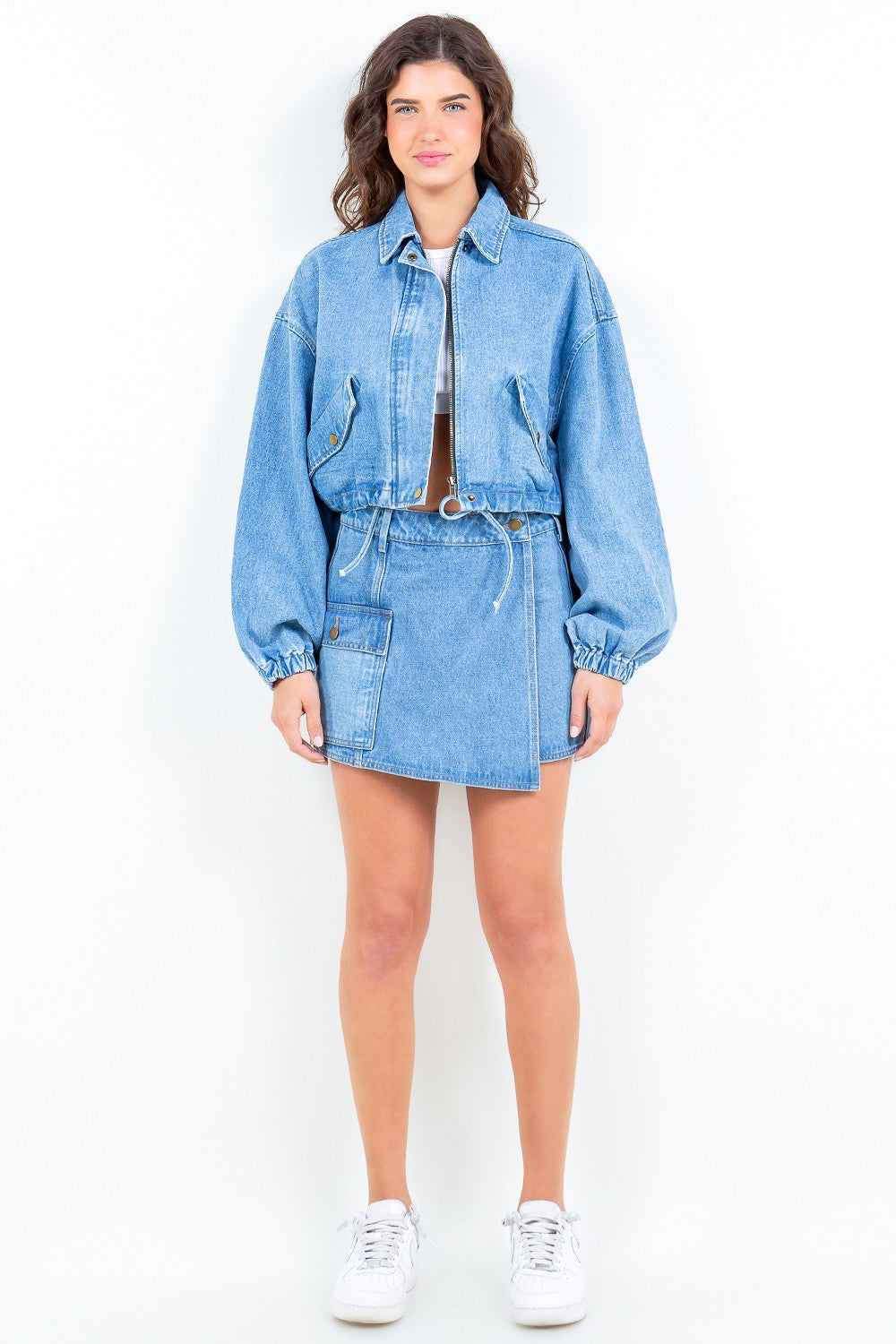 Girls Adjustable Drawstring Waist Crop Trucker Denim Jacket