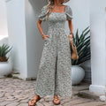 Floral Print Square Collar Puff Sleeve Jumpsuit for Vacation