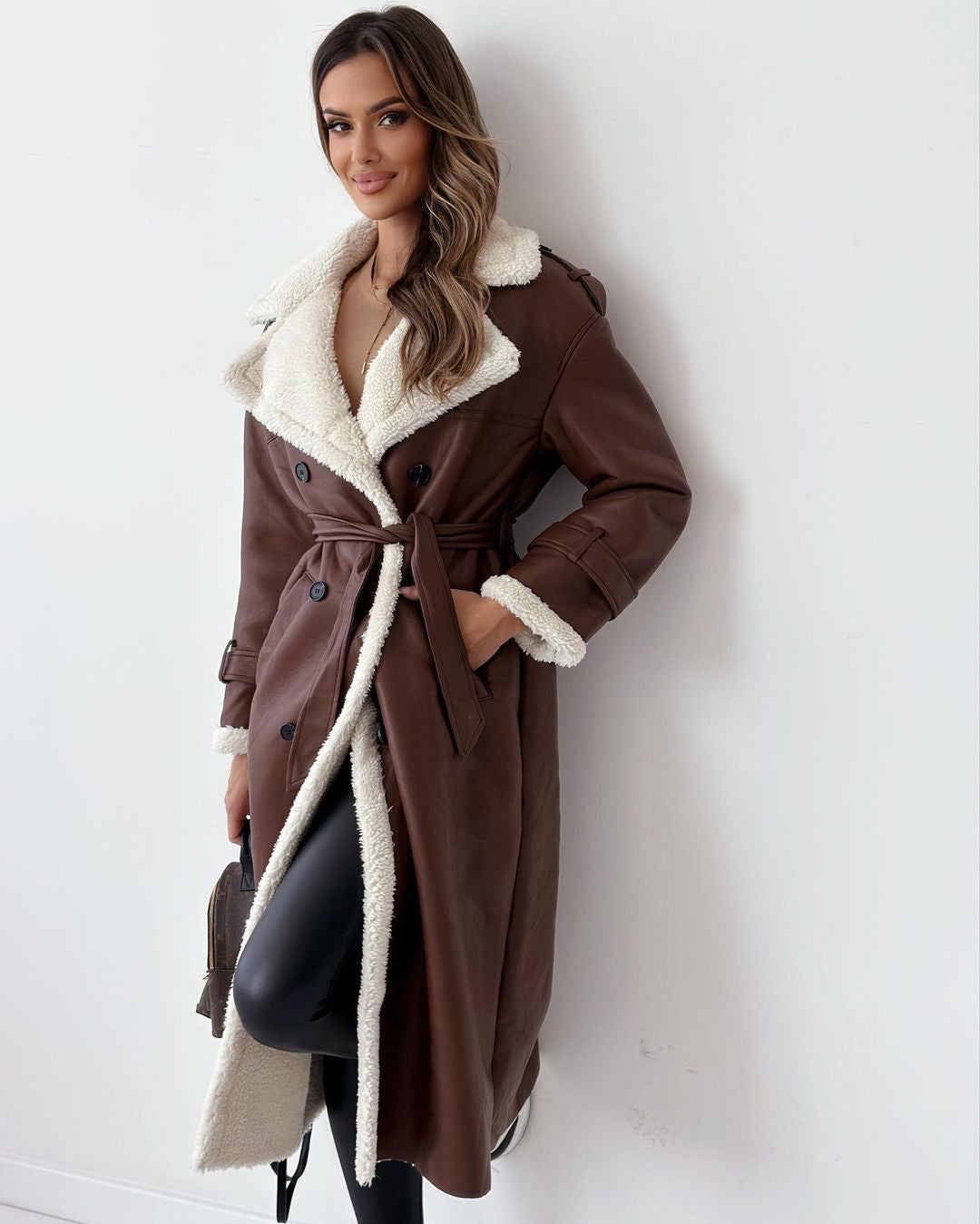 Women’s Double-Breasted Faux Leather Trench Coat with Sherpa Lining - Image 6