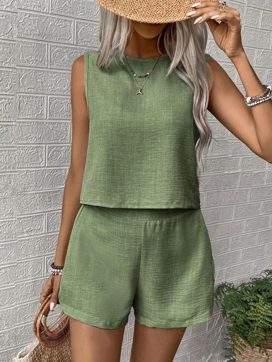 Women's Solid Color Sleeveless Vest and Shorts Summer Set - Image 5