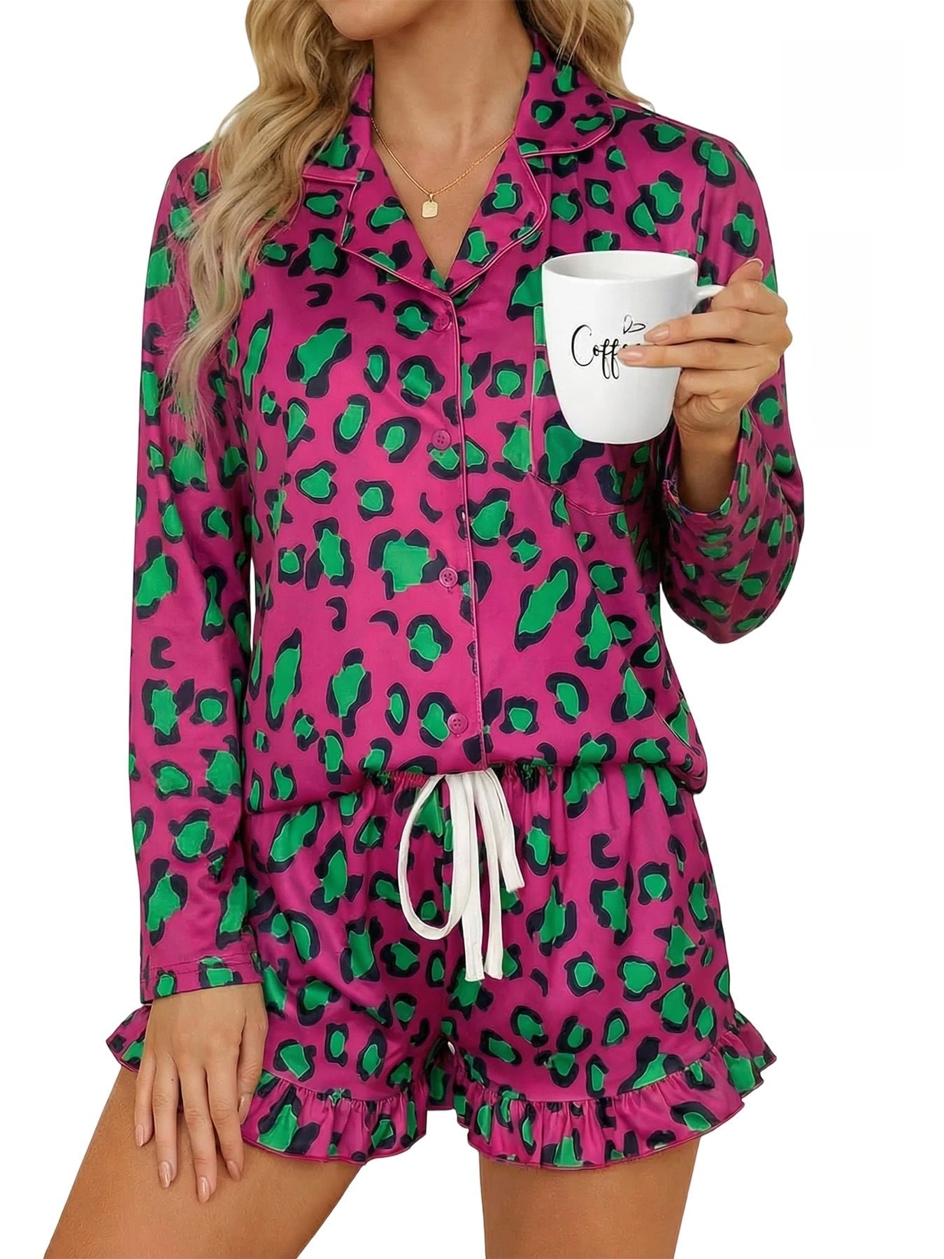 Women's Leopard Print Milk Silk Pajama Set with Ruffled Shorts - Image 8