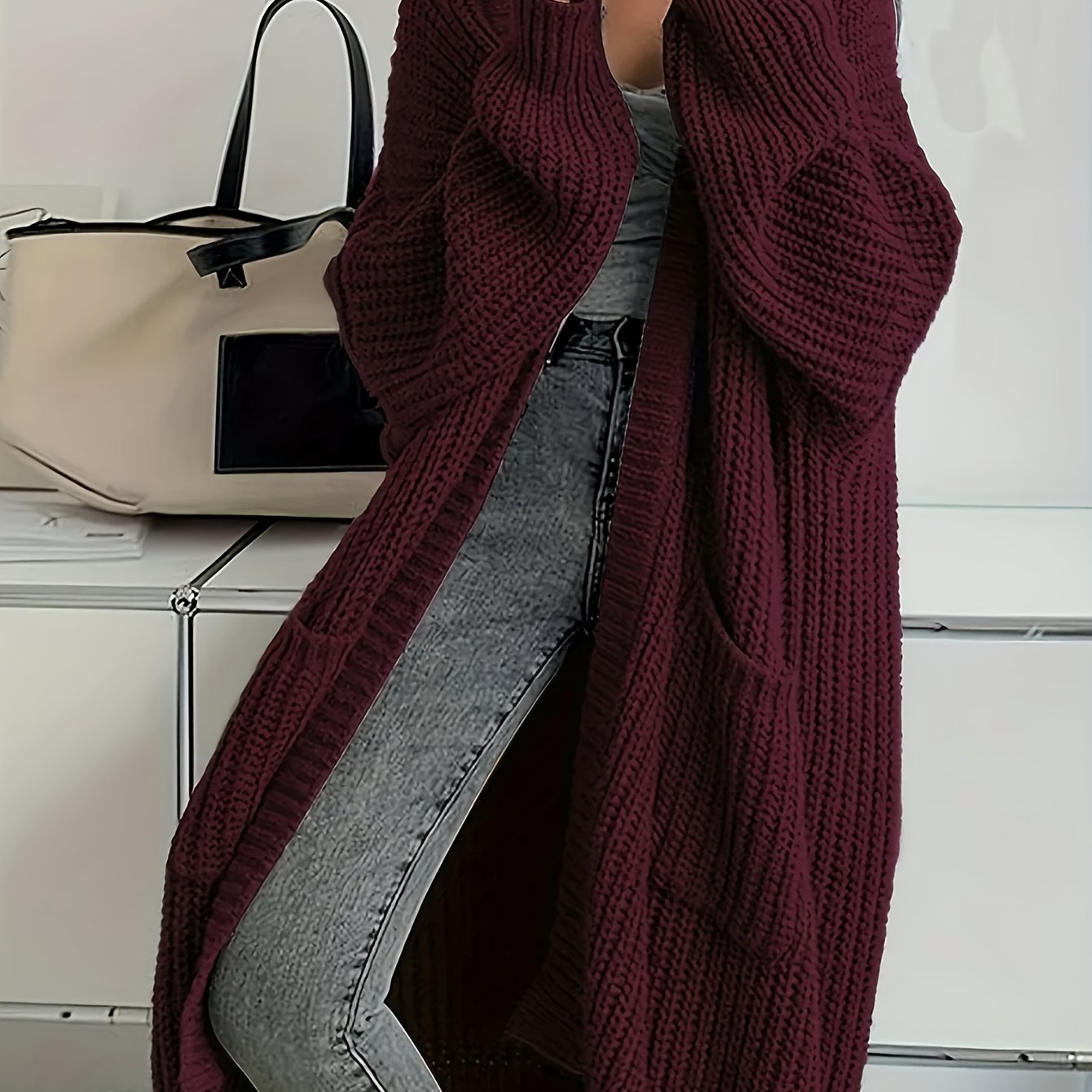 Women's Long Cardigan Over Knee V-Neck Chic