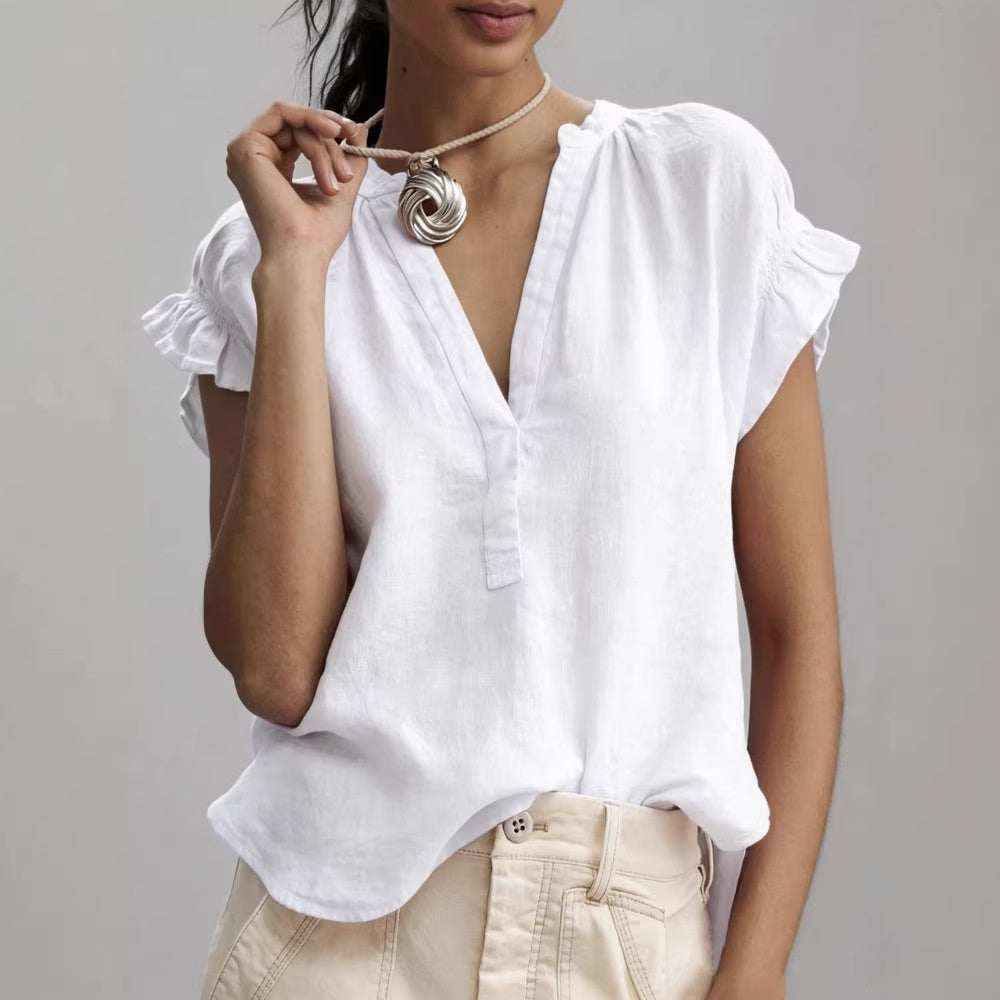 Cotton-Linen V-Neck Top with Petal Sleeves