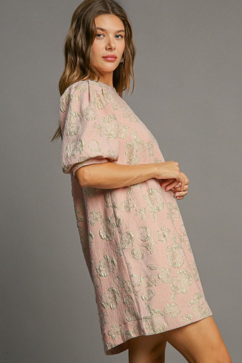 Elegant Floral Jacquard Mini Dress with Puff Sleeves