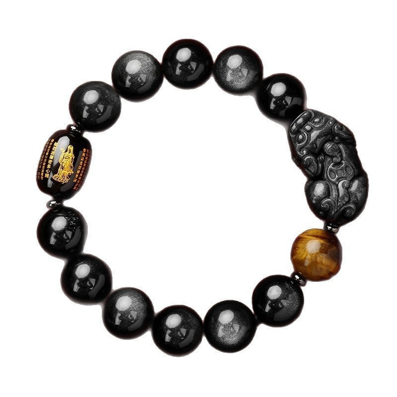 Natural Obsidian Pi Xiu Bracelet with Prajnaparamita Sutra Engraving