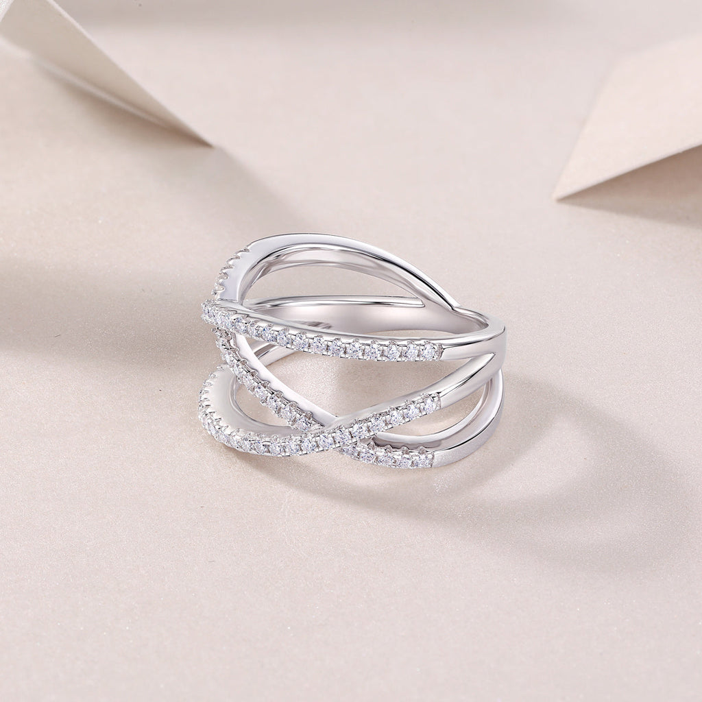 S925 Silver 4.2g Platinum Plated Moissanite Ring, 80pcs 1.0mm D VVS1 Criss Cross Band, GRA Certified US 5-9