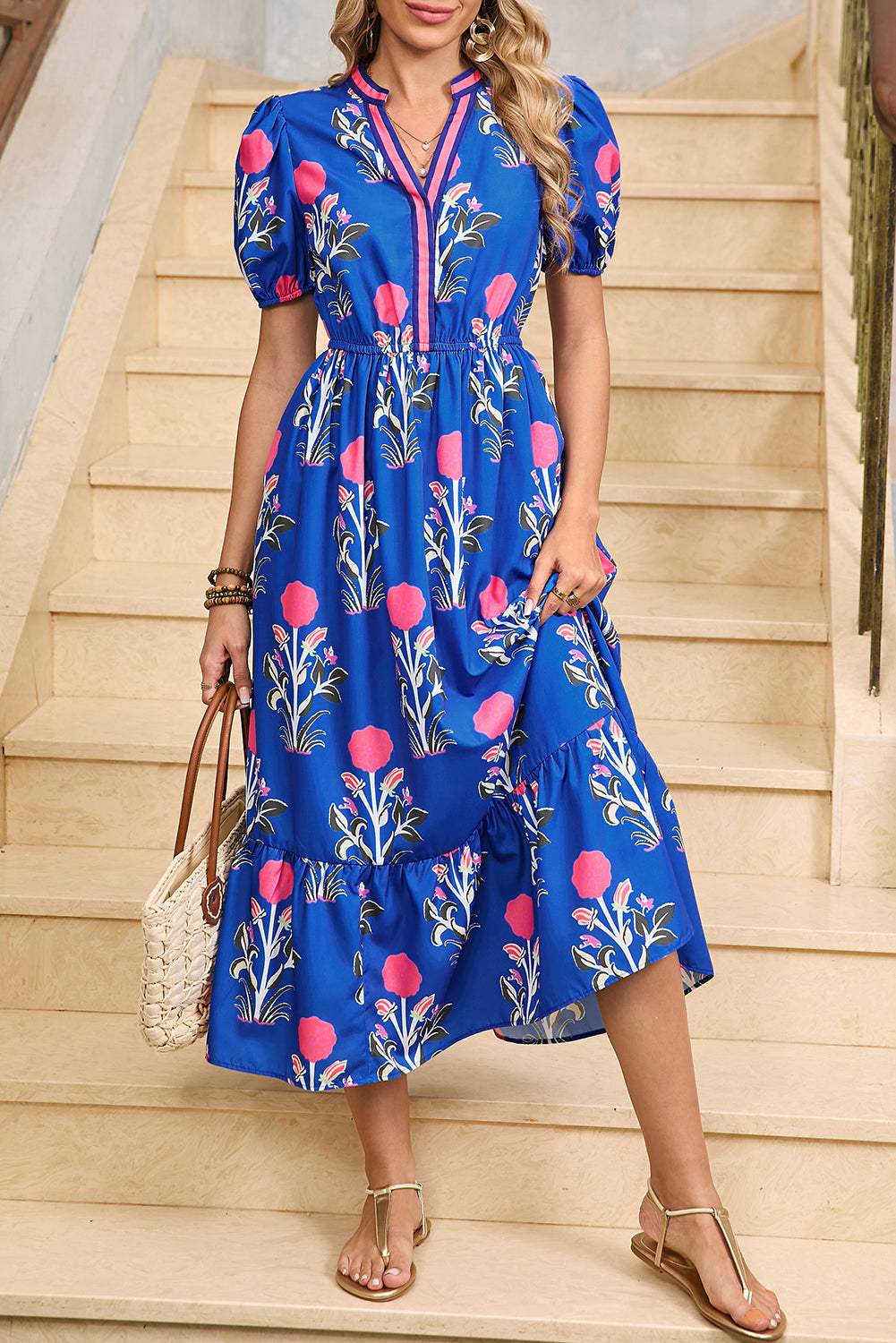 Sky Blue Floral Ruffle Hem V-Neck Midi Dress | Romantic A-Line