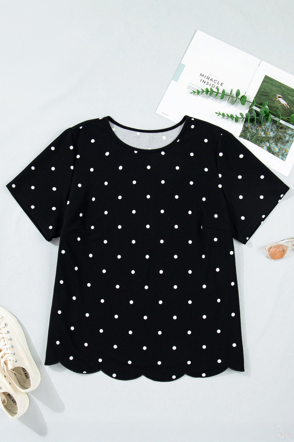 Black Polka Dot Short Sleeve T-Shirt with Scallop Hem Detail - Image 2