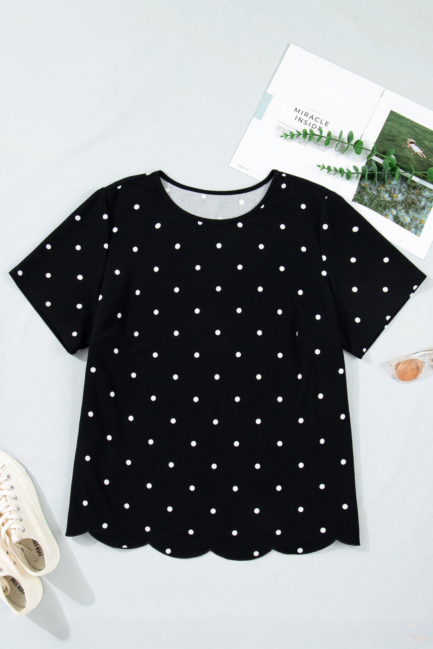 Black Polka Dot Short Sleeve T-Shirt with Scallop Hem Detail - Image 2
