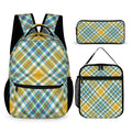A three-piece backpack set featuring a yellow, blue, green, purple, and white plaid pattern. The set includes a full-sized backpack with front and side pockets, a matching insulated lunch bag, and a pencil case. The backpack has padded shoulder straps and a reinforced bottom.