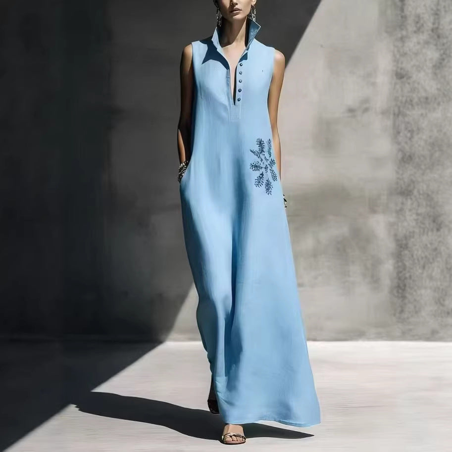 Women's Cotton Linen Mandarin Collar Graphic Print Maxi Dress - Image 5