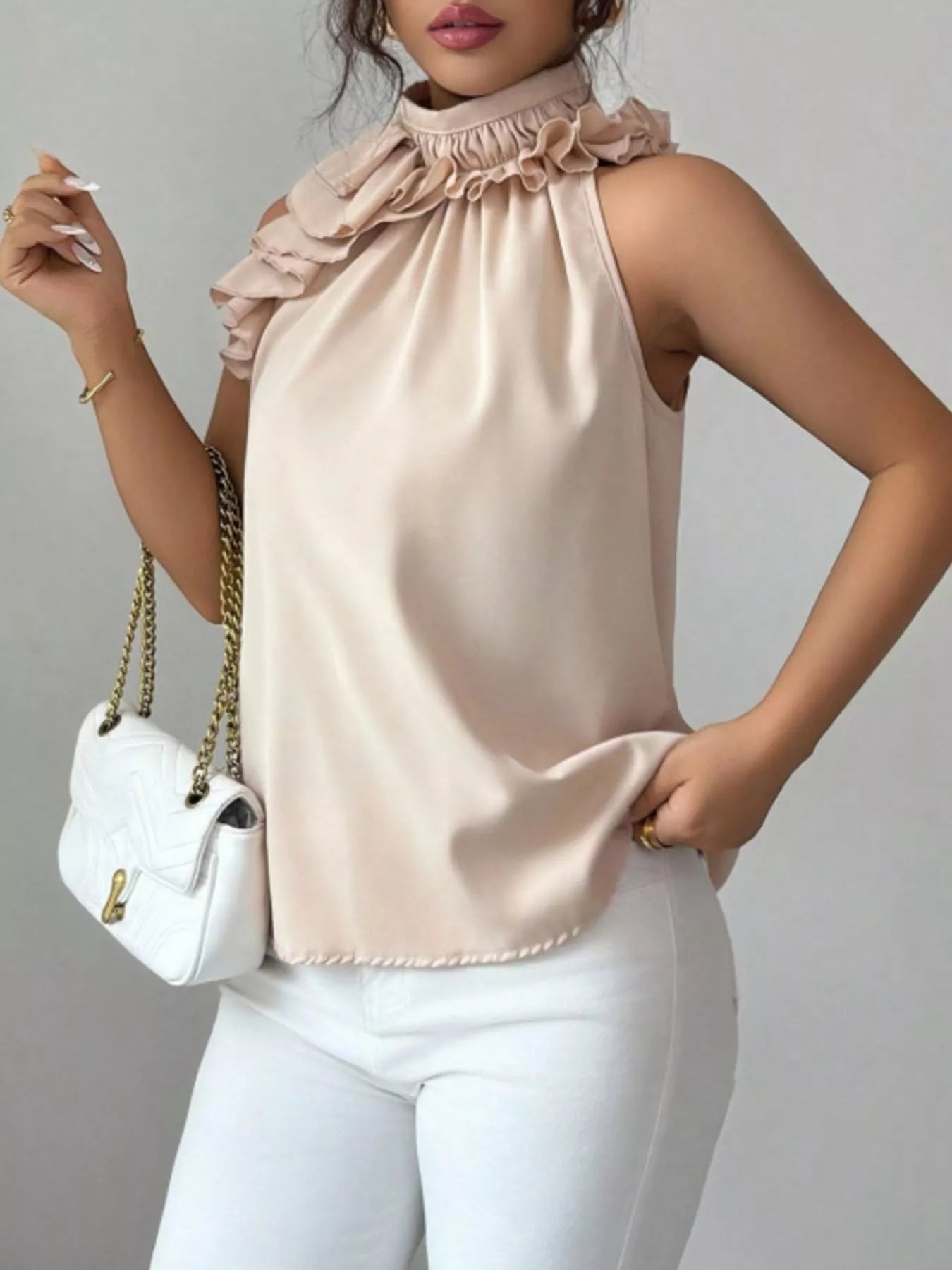 Ruffle High Neck Sleeveless Tank