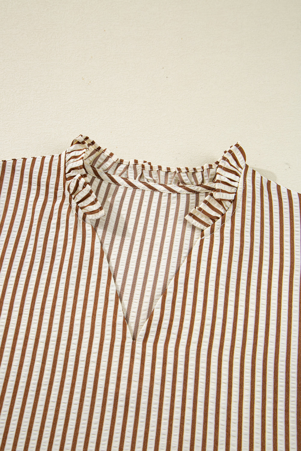 Blair Tied Cuffs Seersucker Blouse in Brown and White Stripe