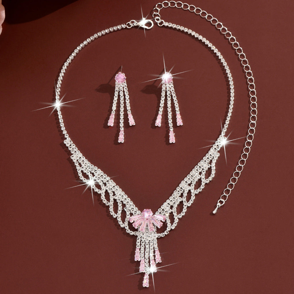 Light Luxury And High-End Rhinestone Bow Lace Earrings And Necklace, Fashionable And Sweet Bridal Wedding Party Jewelry Set