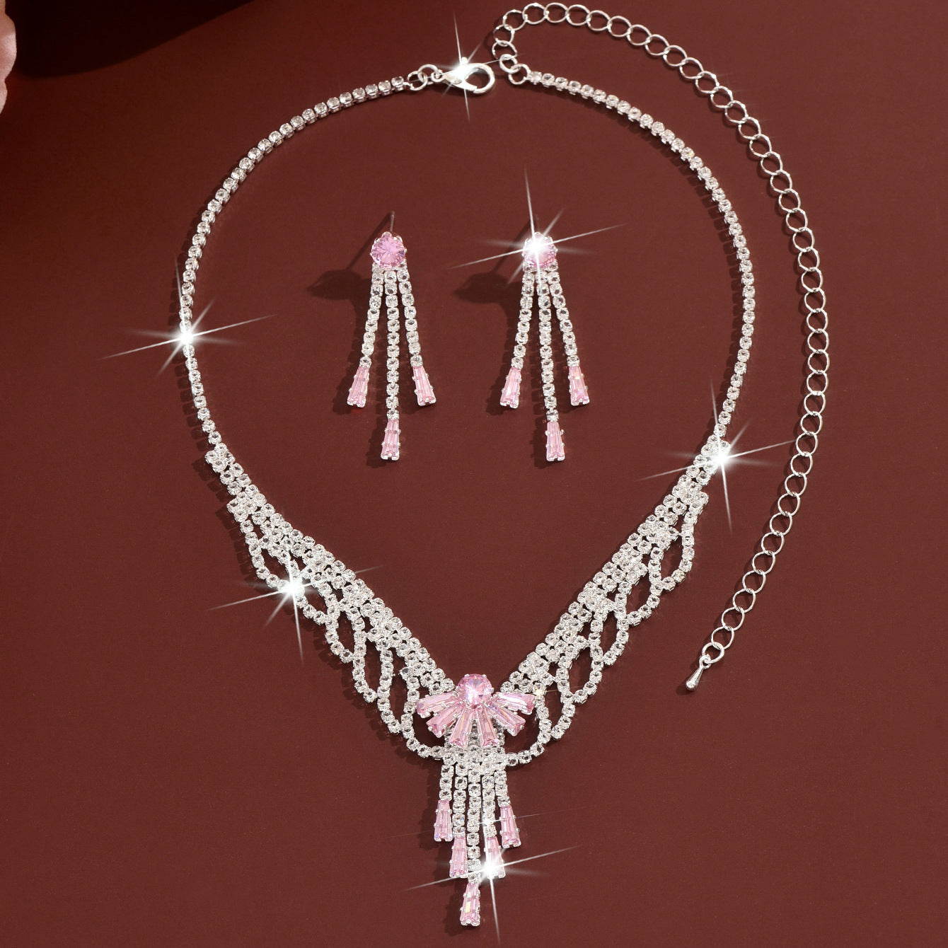 Light Luxury And High-End Rhinestone Bow Lace Earrings And Necklace, Fashionable And Sweet Bridal Wedding Party Jewelry Set