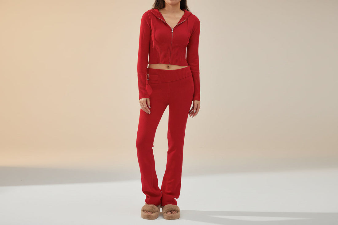Women's Cozy Knitted 2-Piece Set - Cardigan & High-Waisted Pants