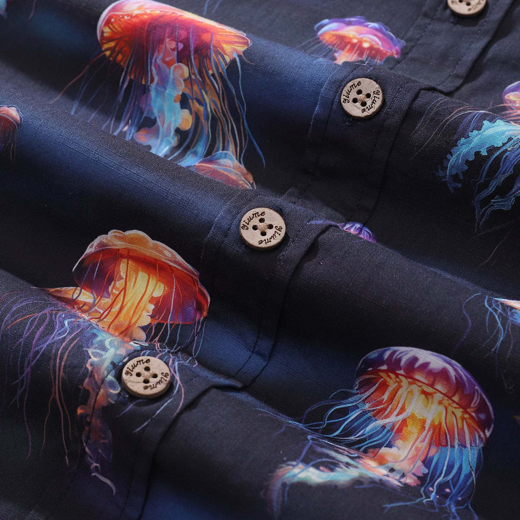 Men's Ocean Hawaiian Short Sleeve Cotton Resort Wear Shirt Jellyfish Print Luminescent Dreams By Amy