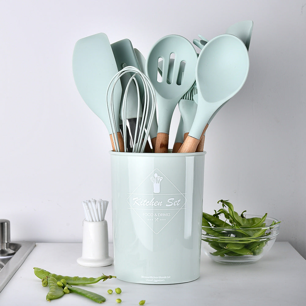 Aqua Storage Bucket with Wooden Handle Silicone Cookware Set