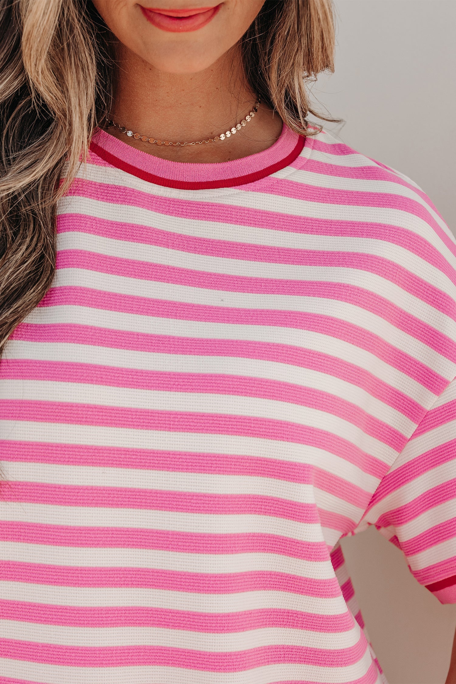 Matilda Trim Short Sleeve Set - Striped Knit Loungewear in Pink