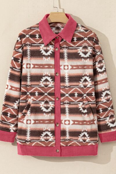Deep Rose Geometric Print Jacket with Corduroy Trim
