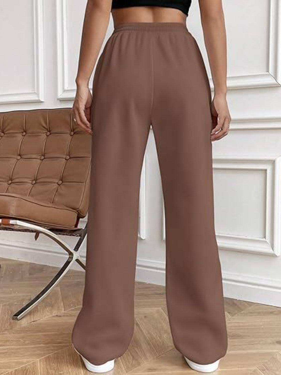 Women's High-Waisted White Drawstring Wide Leg Pants with Pockets - Image 19