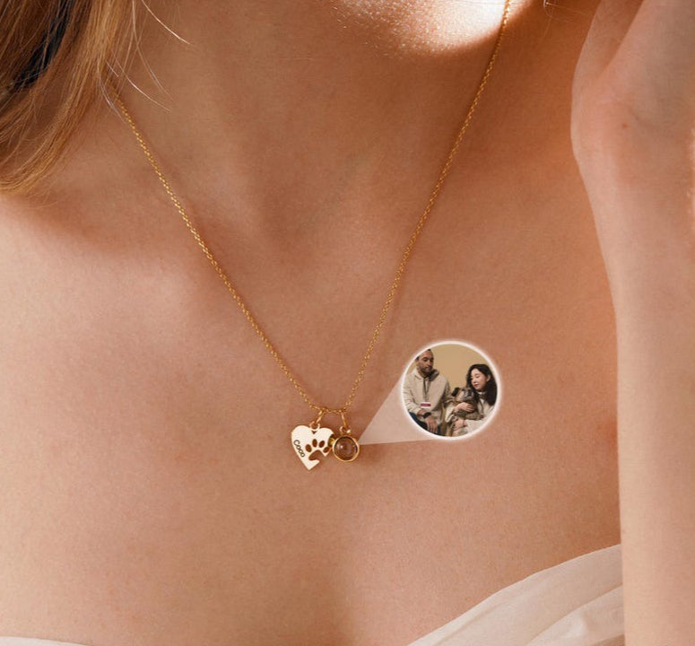 Personalized Gold Heart and Paw Print Photo Custom Necklace