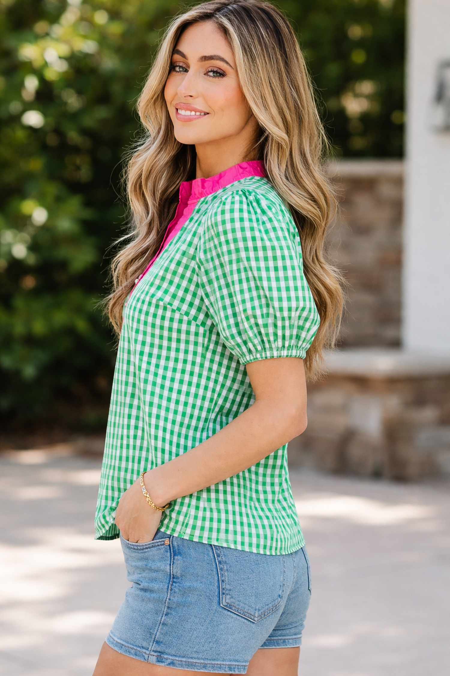 Lexi Gingham Colorblock Trim Blouse with Puffy Sleeves
