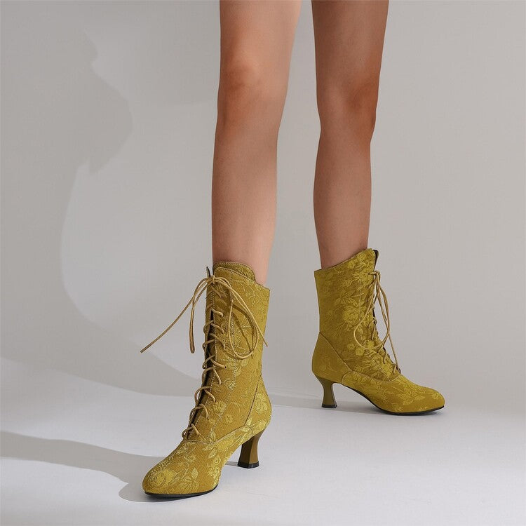 Women Pointed Toe Lace Up Kitten Heel Ankle Boots Floral Pattern