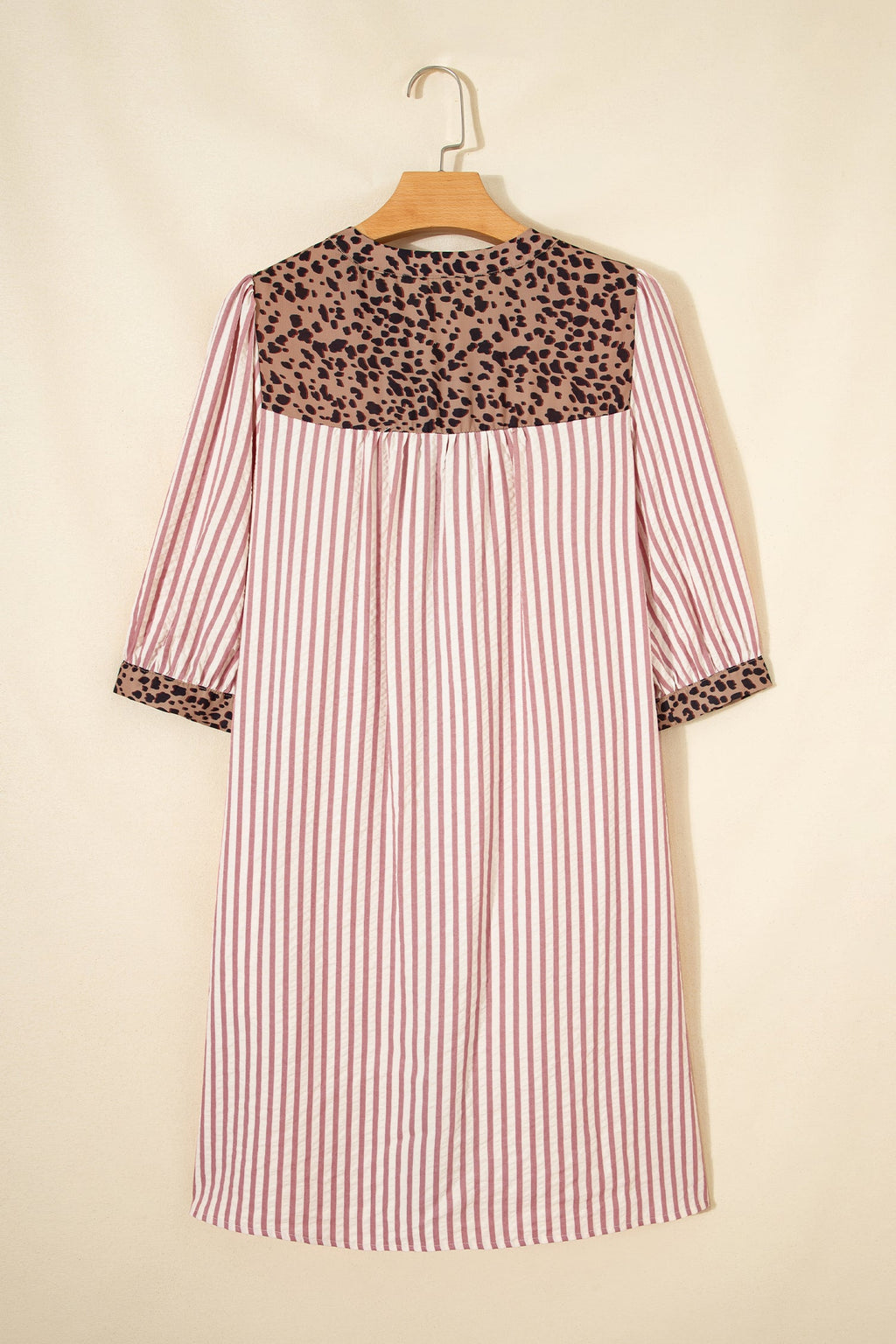 Striped Shirt Dress with Leopard Trim 3/4 Sleeve Cotton Dress
