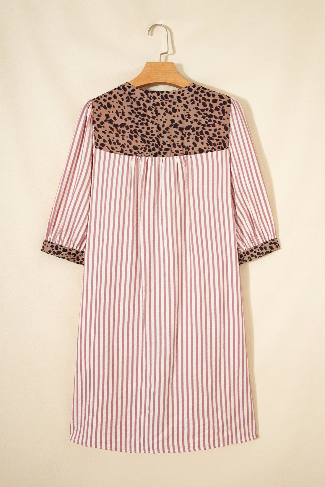 Striped Shirt Dress with Leopard Trim 3/4 Sleeve Cotton Dress