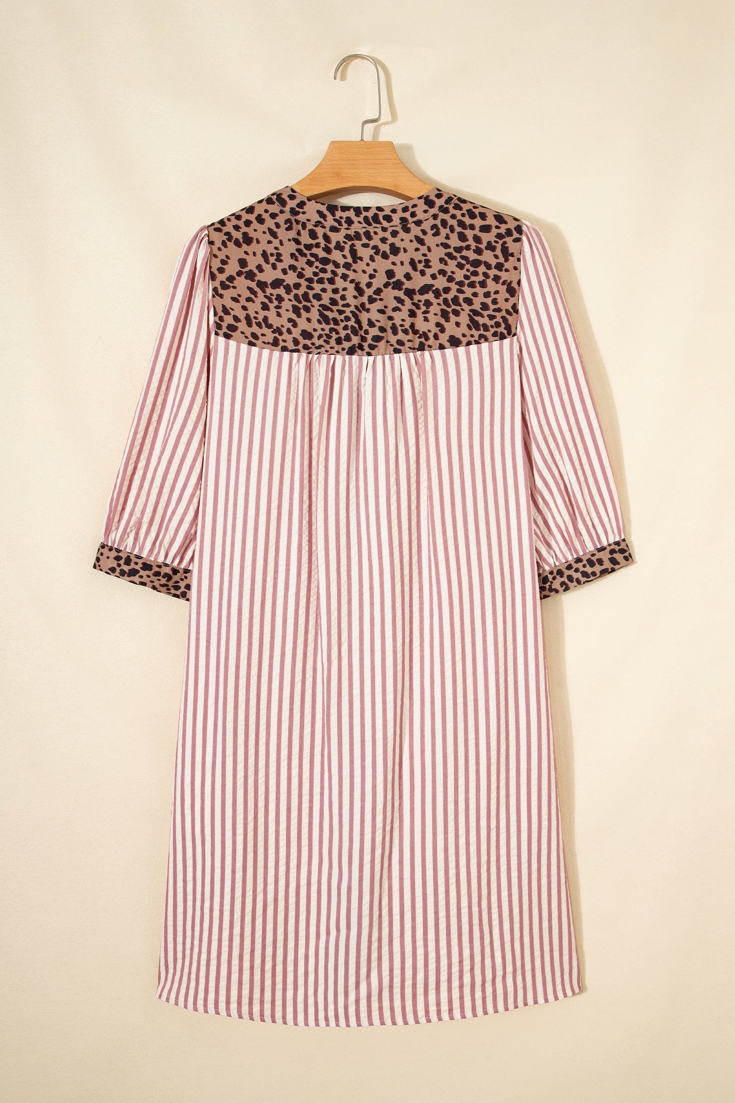 Striped Shirt Dress with Leopard Trim 3/4 Sleeve Cotton Dress