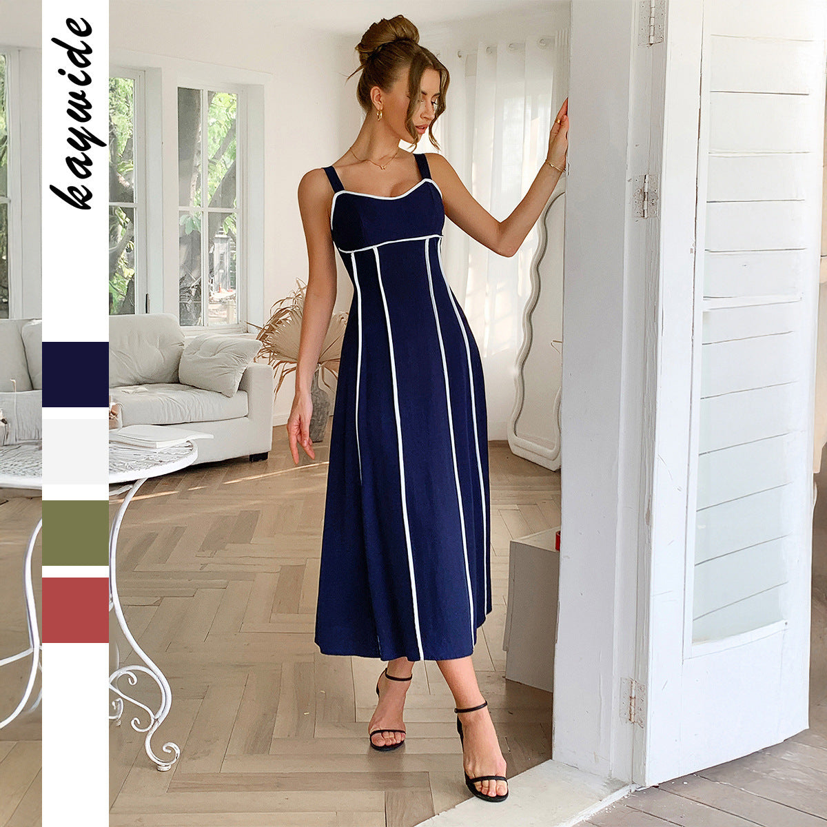 Minimalist High Waist Sling Dress - Women's Solid Vacation Midi