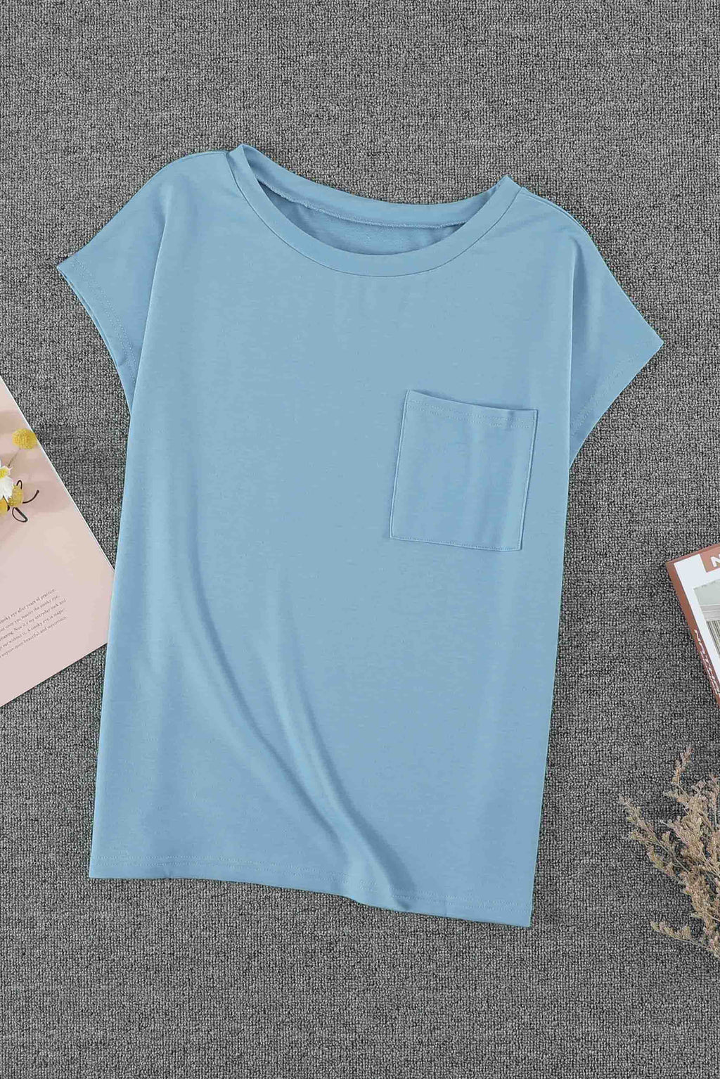 Light Blue Solid Short Sleeve T-Shirt with Patch Pocket