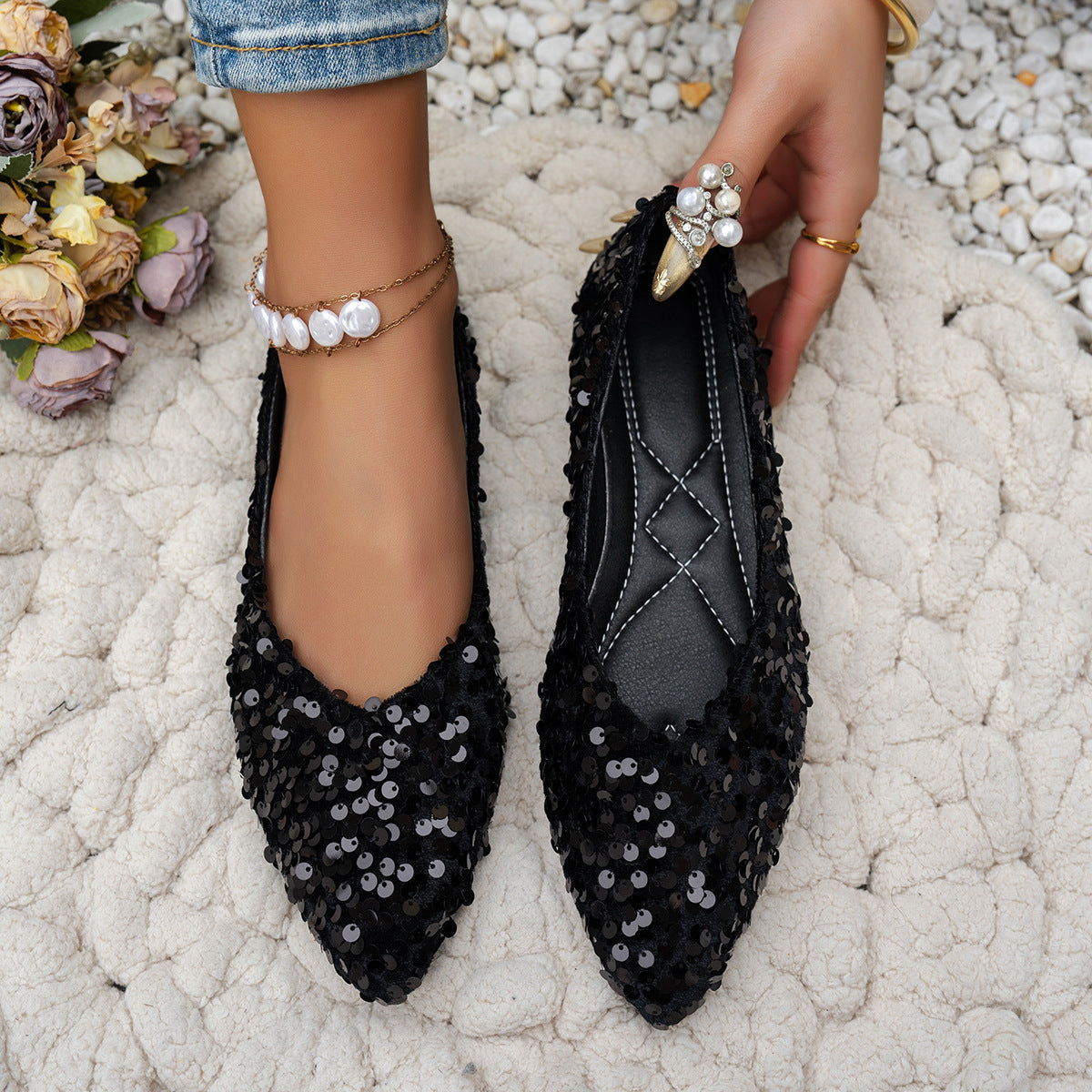 Women’s Black Sequin Pointed-Toe Flats Comfortable Casual Shoes