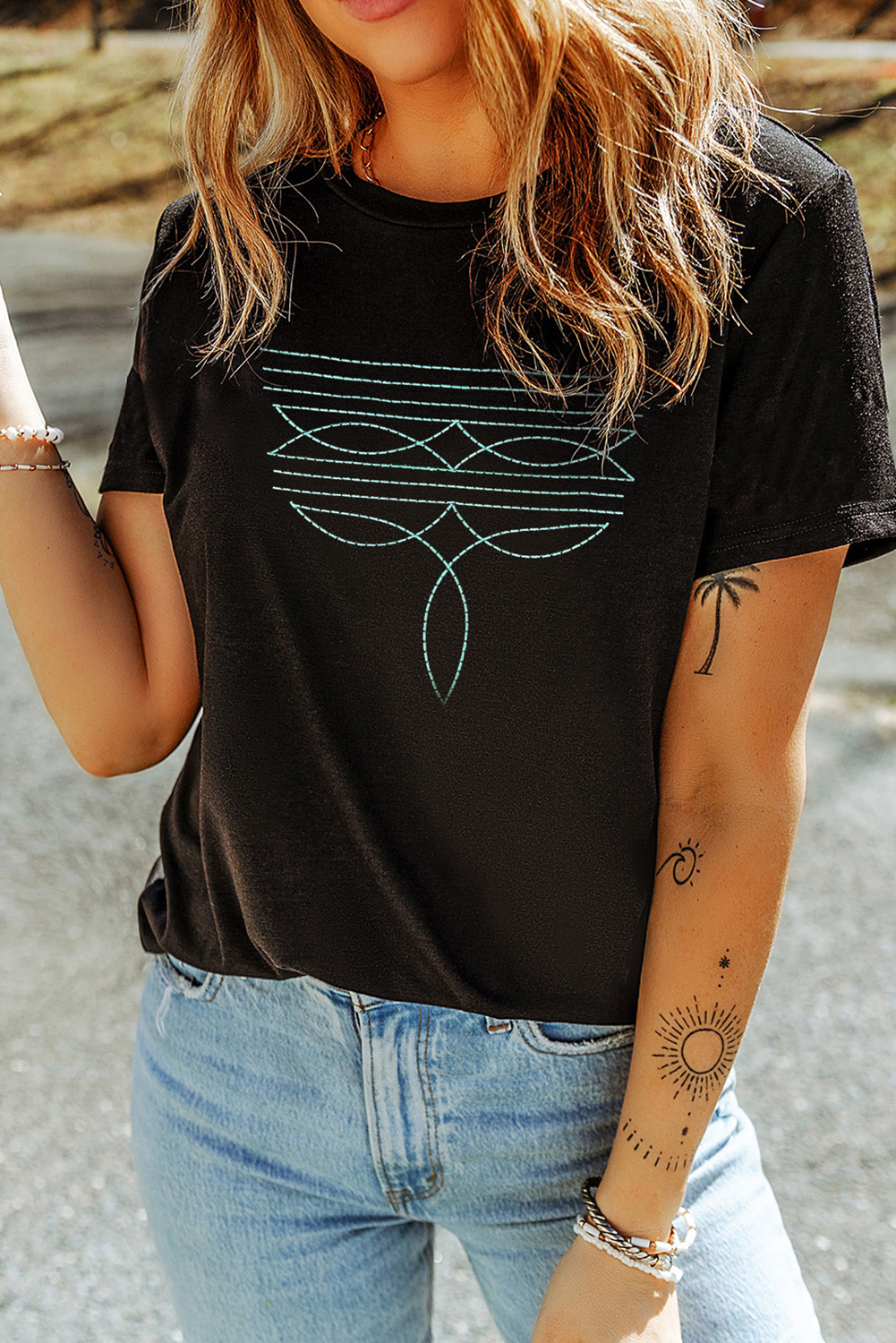 Black Western Geometric Embroidered T-Shirt