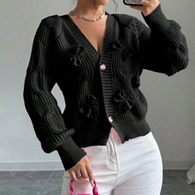 Women's Pink Bow Detail Cropped V-Neck Knit Cardigan - Image 10
