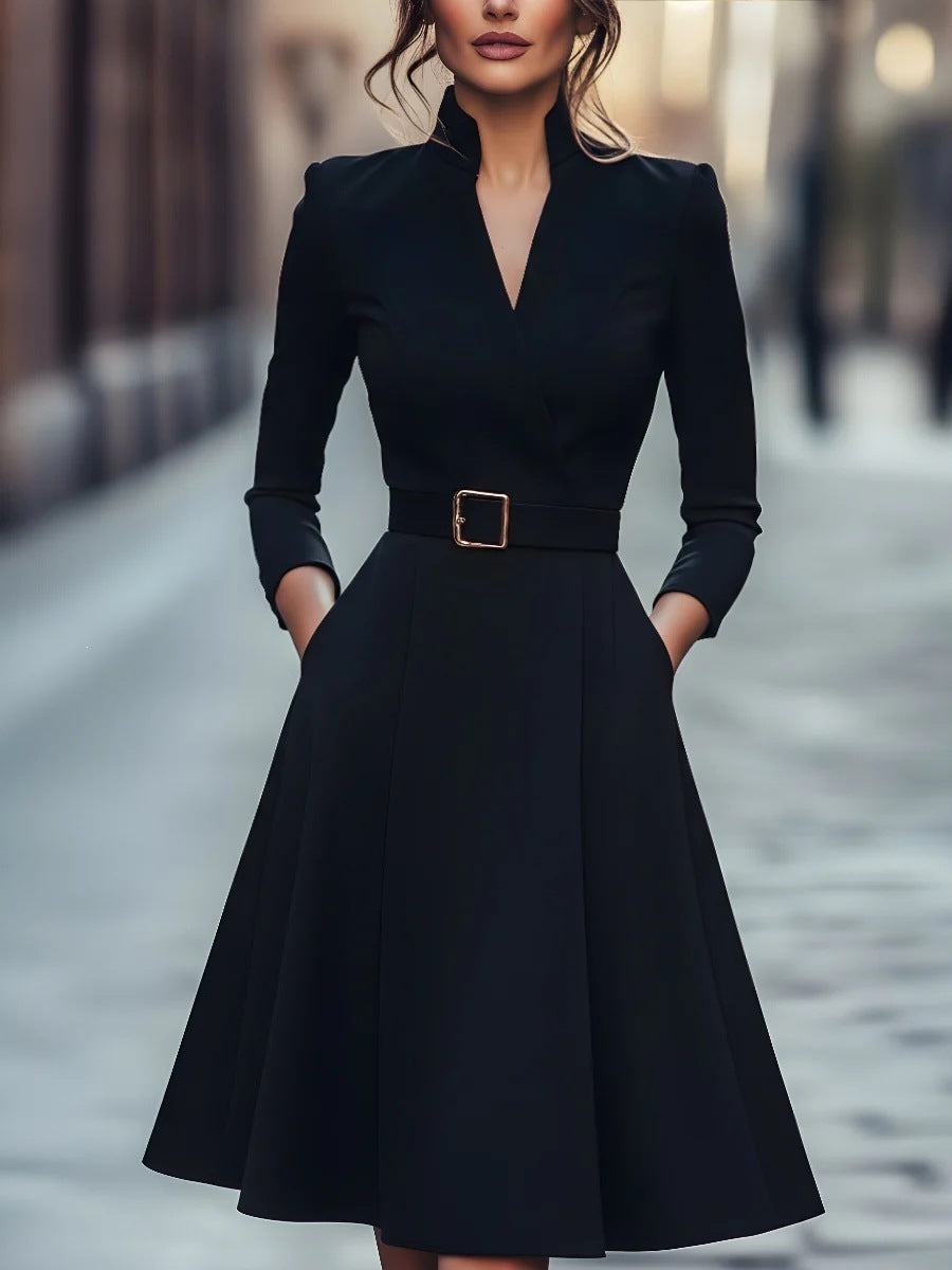 Women's V-Neck Long Sleeve Belted Midi Dress - Image 2